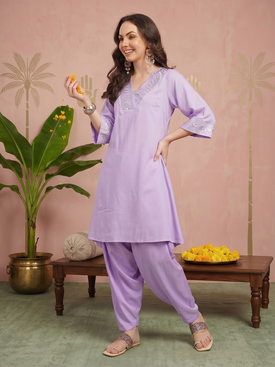 Dhiyona SN Geometric Yoke Design Foil Print A-Line Kurta with Salwar