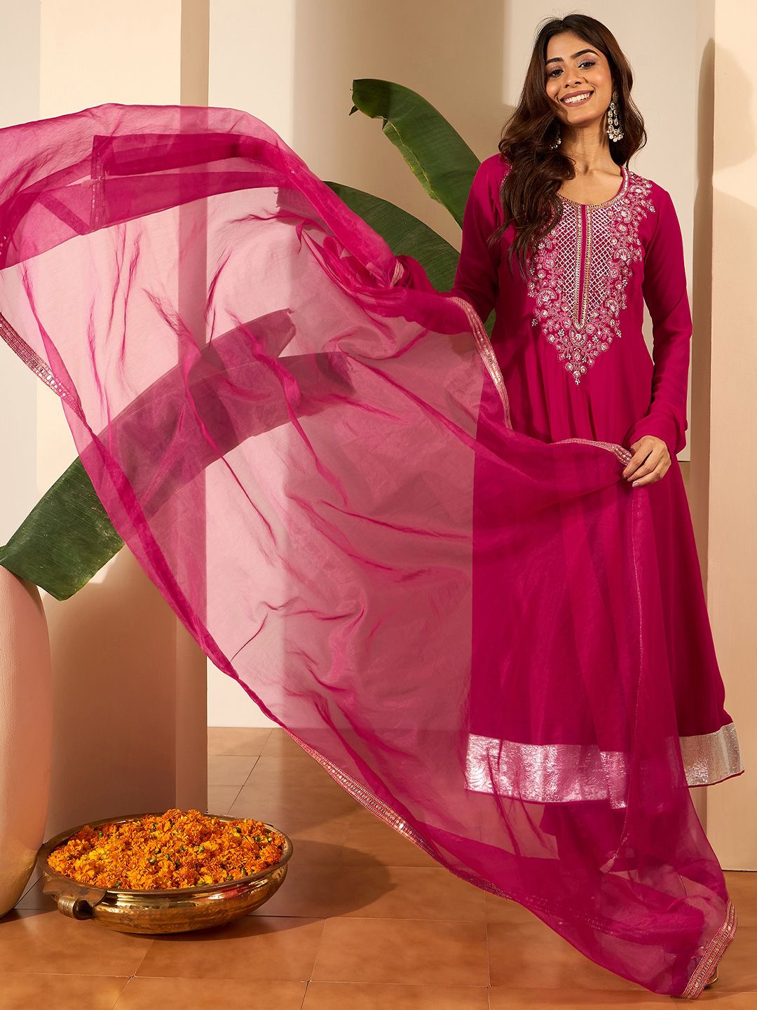 Dhiyona IN Floral Embroidered Anarkali Thread Work Kurta With Palazzos & Dupatta