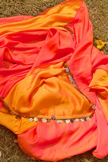 Dhiyona ST 3 pc Suit Set - Fuchsia Dual Satin Sleeveless Anarkali Suit with Pink Orange Dupatta and Pants