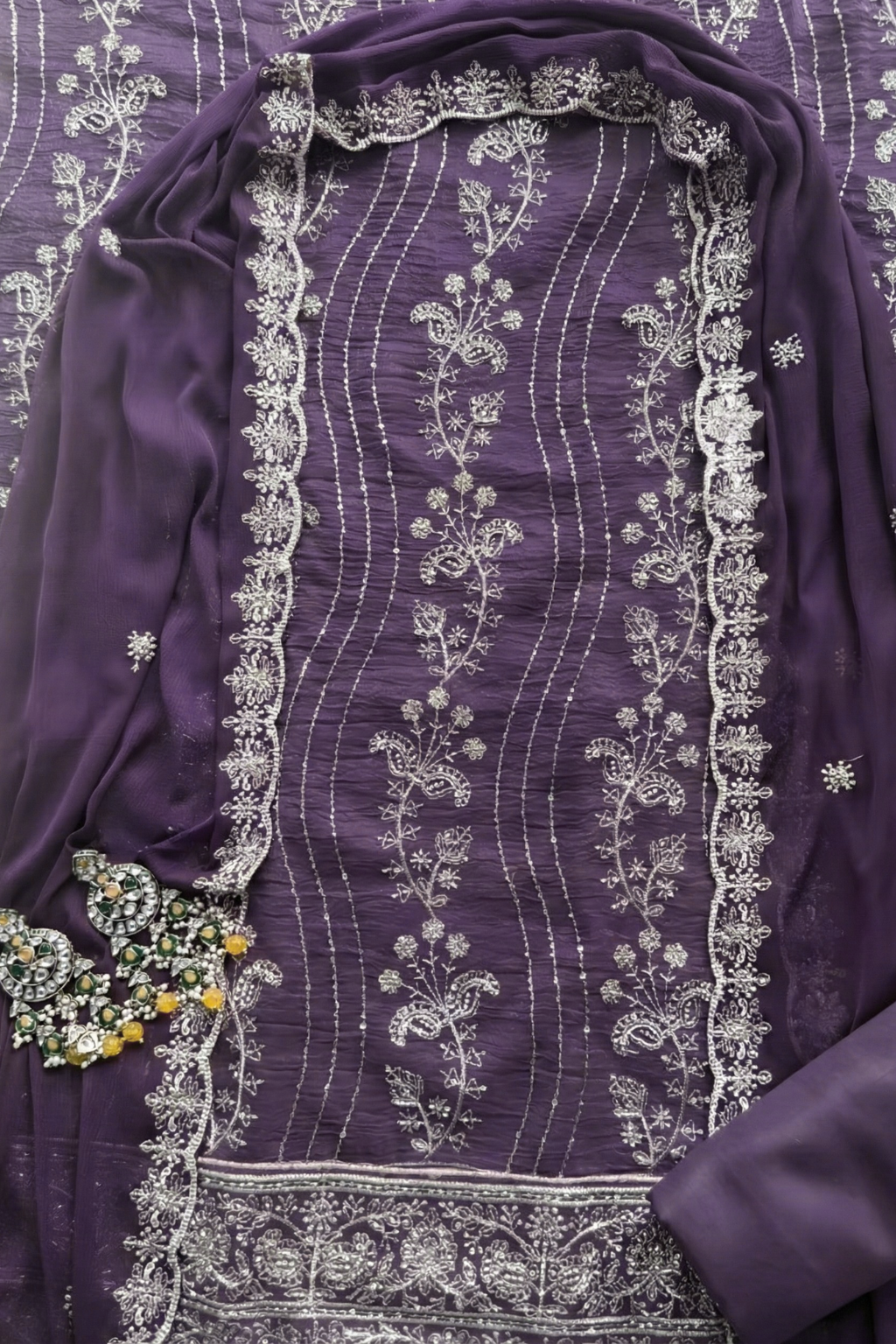 Dhiyona ST 3 Pc Unstitched Suit - Chiffon Purple hand Embroidered Beaded Kurta with Lining ,Dupatta and Bottom