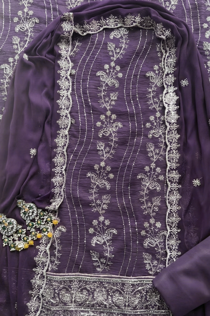 Dhiyona ST 3 Pc Unstitched Suit - Chiffon Purple hand Embroidered Beaded Kurta with Lining ,Dupatta and Bottom