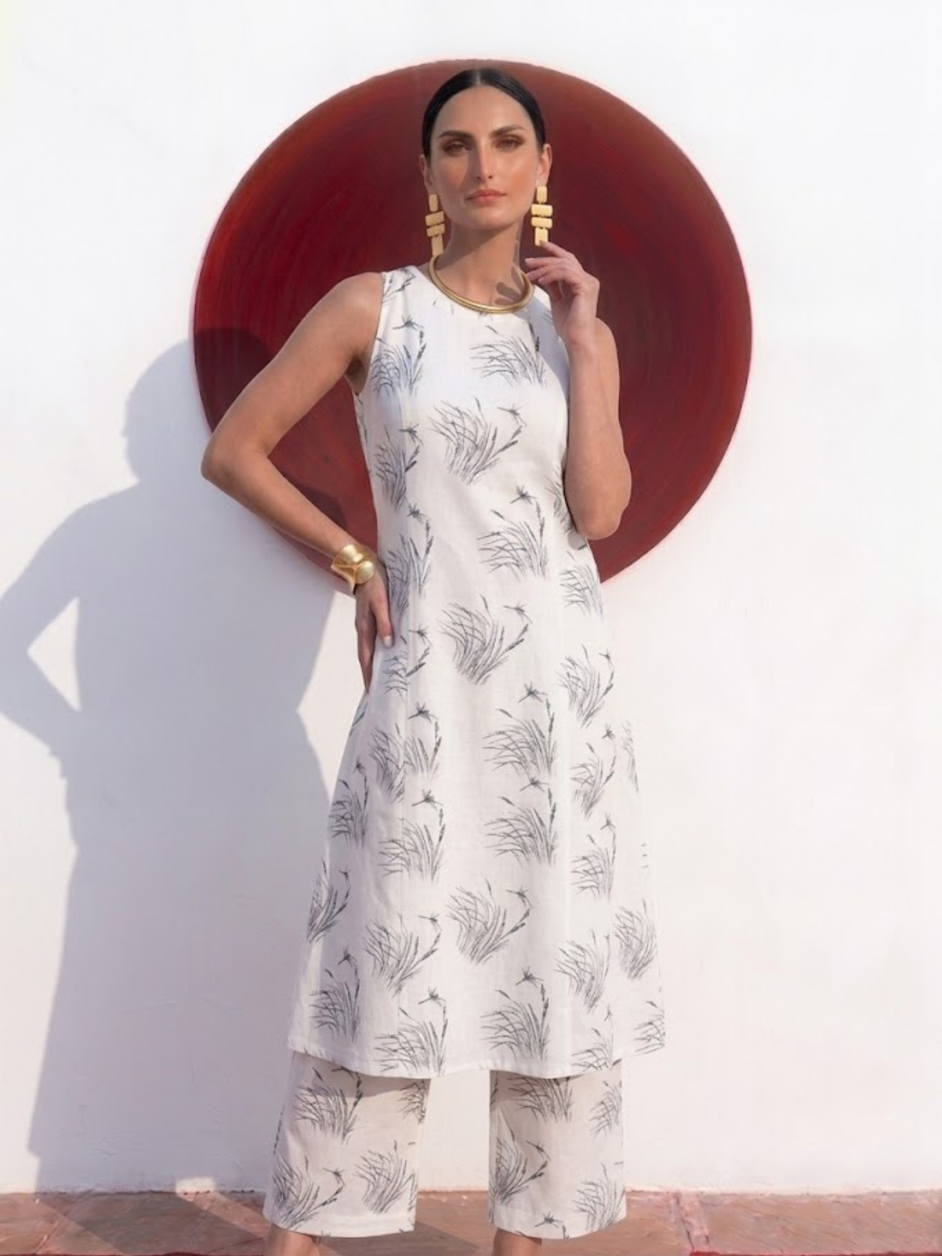 Dhiyona ST 2 pc SET - Husk Cream and Grey Printed Linen Sleeveless Kurta and Pant