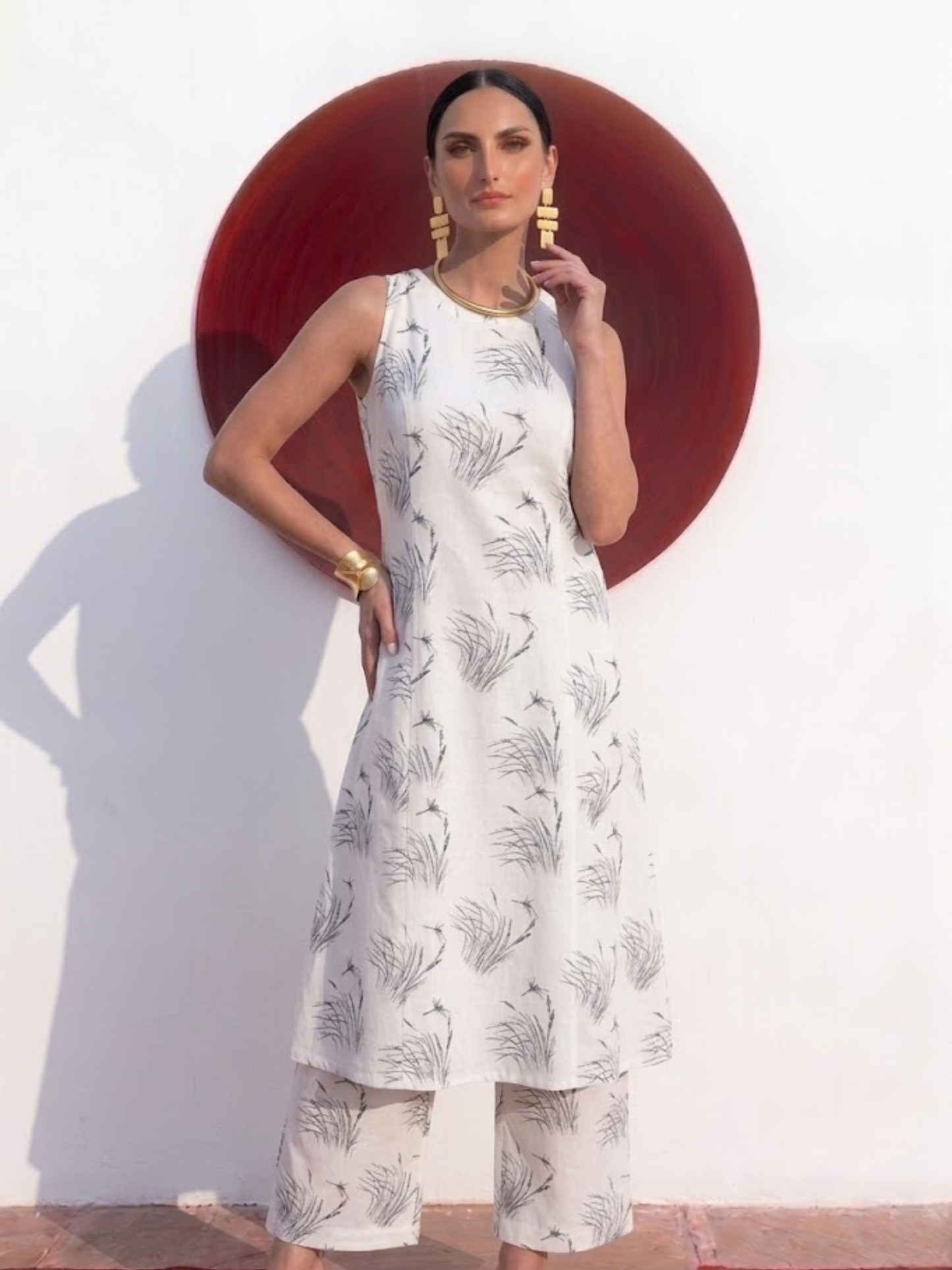 Dhiyona ST 2 pc SET - Husk Cream and Grey Printed Linen Sleeveless Kurta and Pant