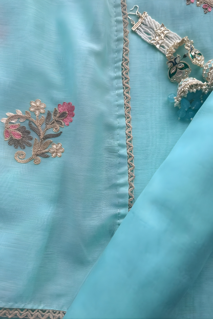 Dhiyona ST 3 Pc Unstitched Suit - Mul Light Blue Kashmiri Embroidery Kurta with Beads , Embroidered Dupatta and Bottom