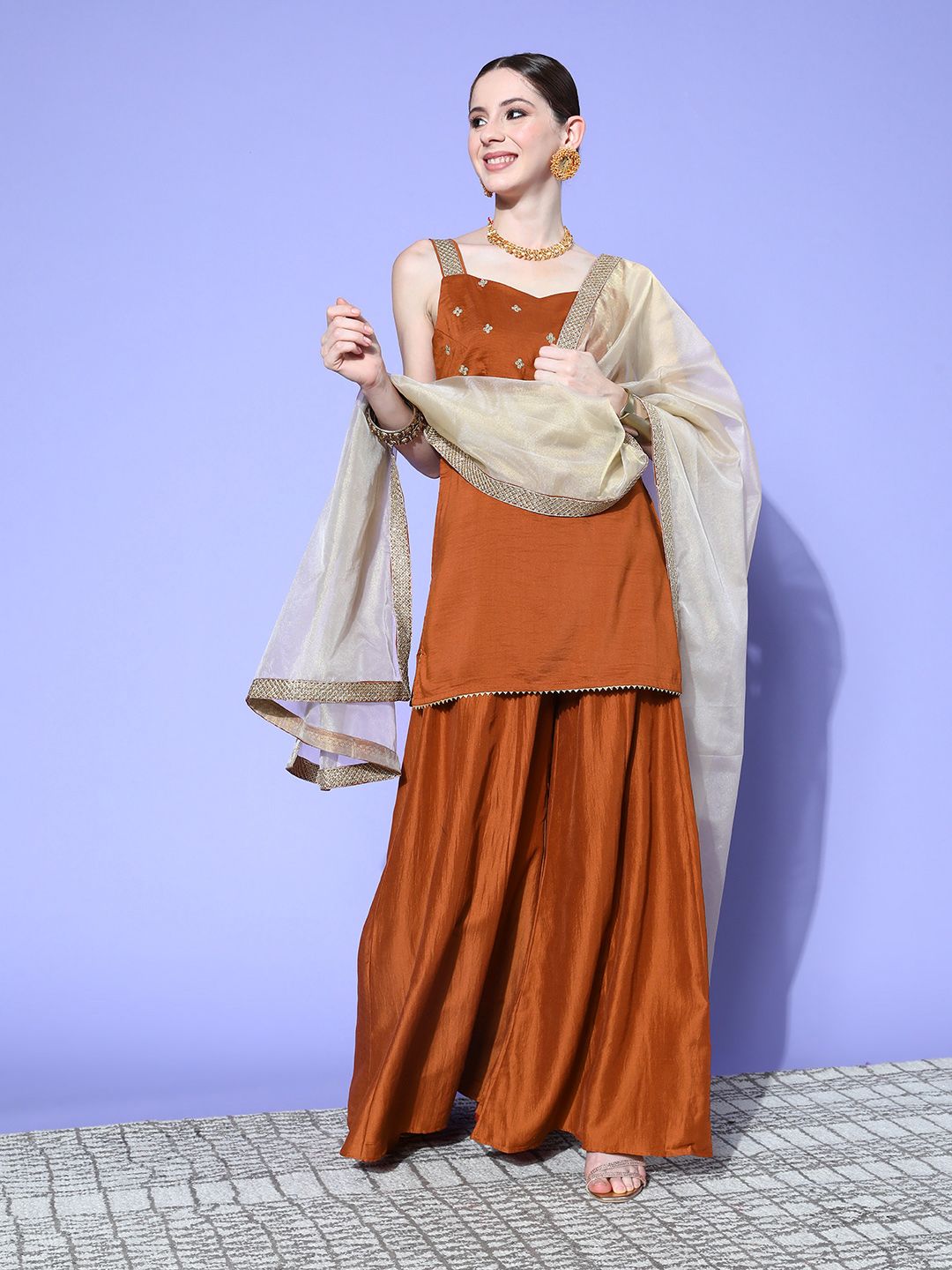 Dhiyona IN Women Rust Ethnic Motifs Embroidered Regular Kurta with Palazzos & With Dupatta