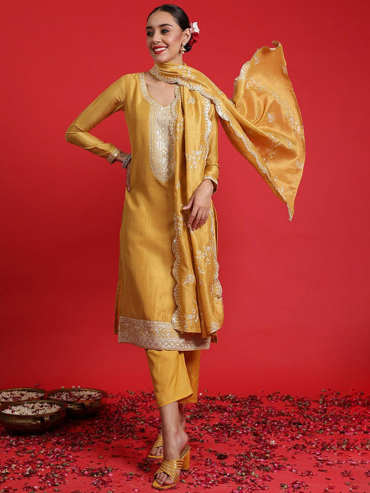 Dhiyona IE Floral Embroidered Sequinned Kurta With Trousers & Dupatta