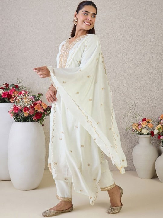 Dhiyona MT Women's Paisley Embroidered Regular Kurta with Trousers & With Dupatta