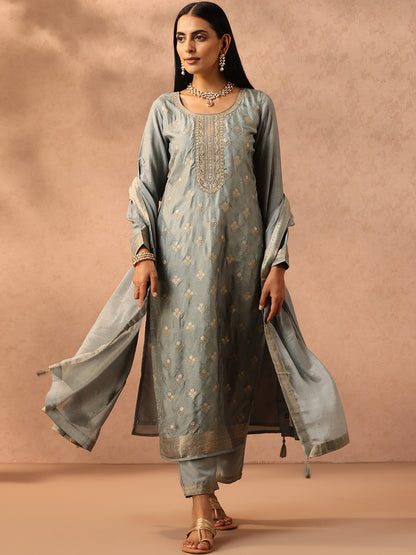 Green Floral Woven Design Zari Detail Kurta with Trousers & Dupatta