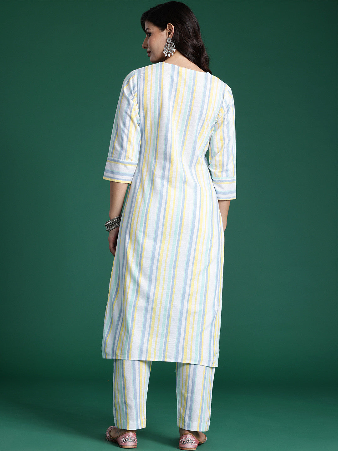 Striped Thread Work Pure Cotton Kurta with Trousers