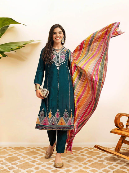 Dhiyona IS Women's Ethnic Motifs Embroidered Pure Cotton Straight Kurta with Trousers & Dupatta