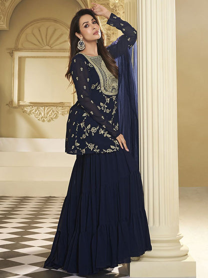 Dhiyona IN Women Floral Thread Embroidered A-Line Kurta with Sharara & with Dupatta