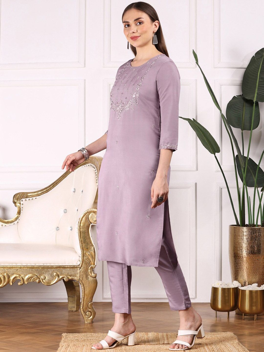 Dhiyona IS Women's Ethnic Motifs Embroidered Straight Thread Work Kurta with Trousers & Dupatta