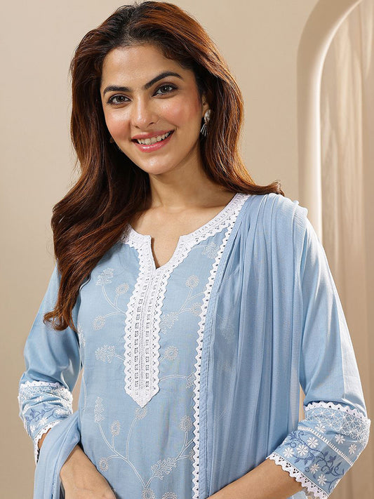 Women Floral Embroidered Regular Thread Work Kurta with Trousers & With Dupatta
