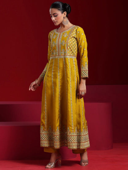 Dhiyona LL Womens Mustard Embroidered Straight Kurta With Sharara & Dupatta