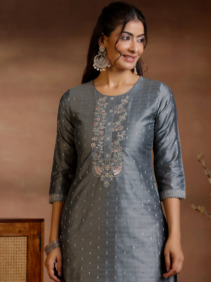 Women's LB Grey Yoke Design Silk Blend Straight Suits With Dupatta