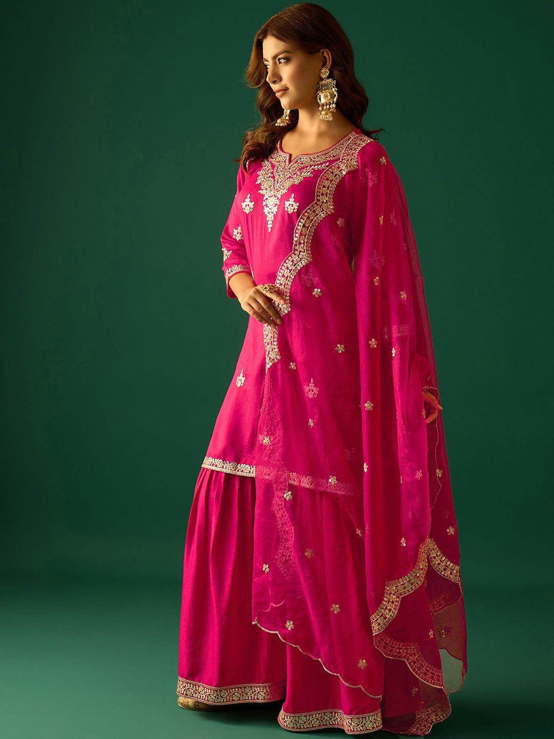 Dhiyona VA Women Ethnic Motifs Embroidered Kurta with Sharara & Dupatta