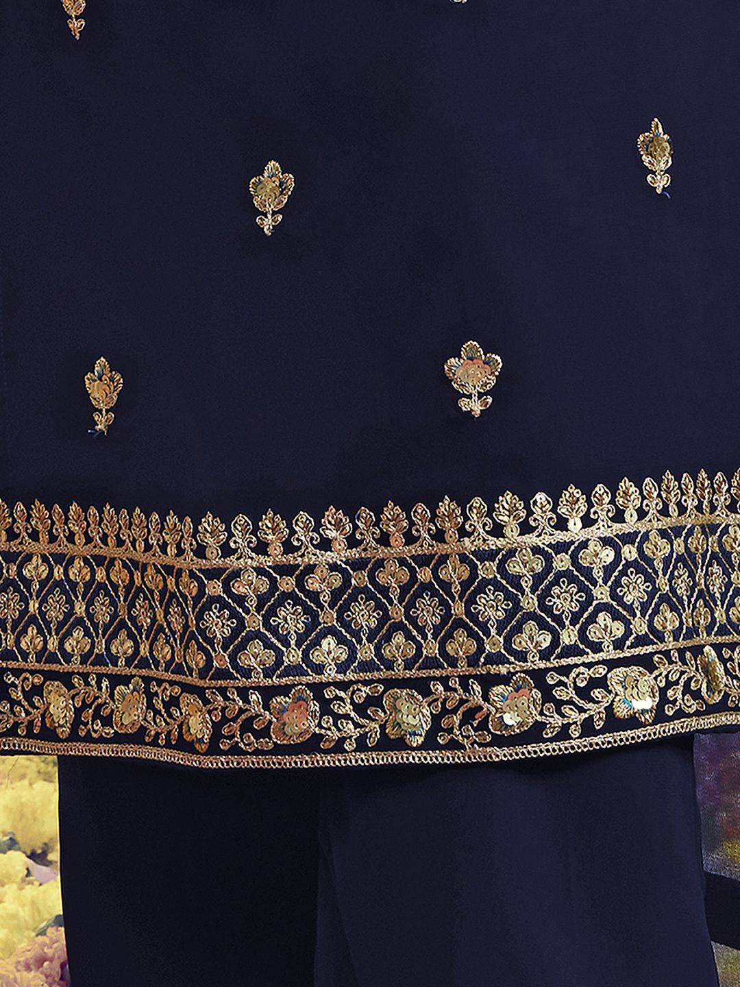 Dhiyona IN Navy Blue Floral Embroidered Sequinned Georgette Kurta with Palazzo & Dupatta