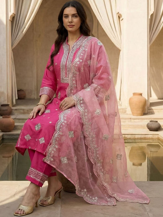 Dhiyona Women's Ethnic Motifs Embroidered Regular Thread Work Kurta Set