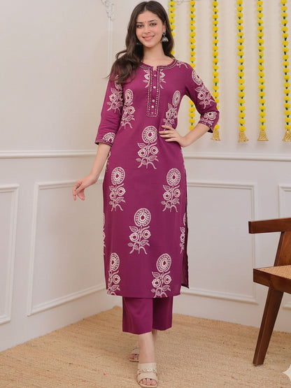 Women Ethnic Motifs Printed Regular Mirror Work Pure Cotton Kurta with Palazzos