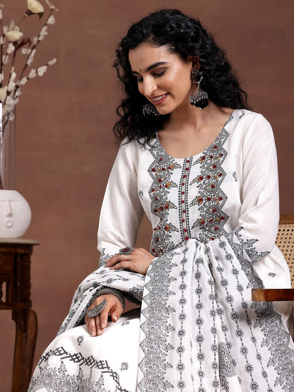Women Ethnic Motifs Embroidered Regular Thread Work Linen Kurta with Trousers & With Dupatta