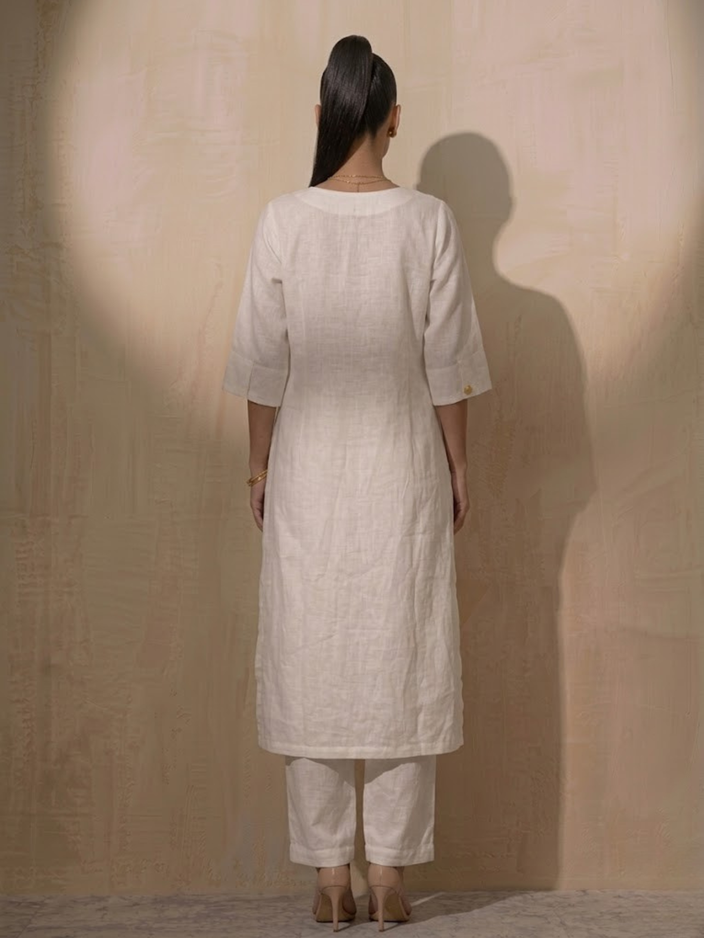 Dhiyona ST Swtantra White Linen Round Neck Elbow Sleeve Kurta with Pants