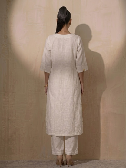 Dhiyona ST Swtantra White Linen Round Neck Elbow Sleeve Kurta with Pants