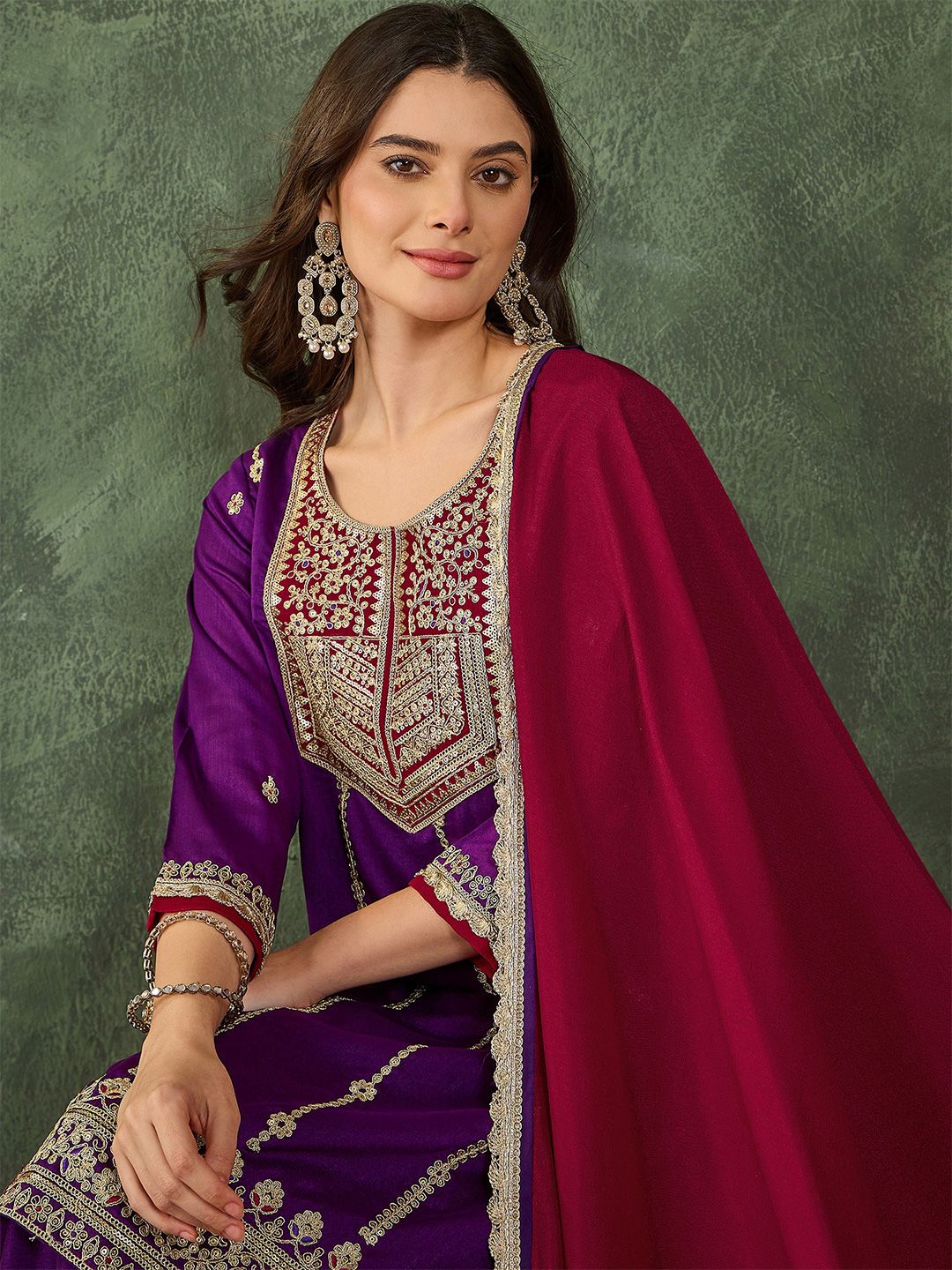 Dhiyona KL Women Ethnic Motifs Embroidered Regular Thread Work Kurta with Palazzos & With Dupatta