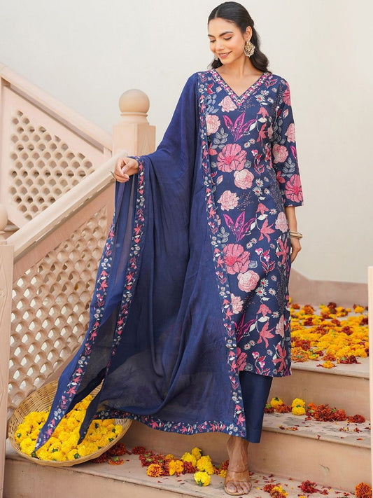 Dhiyona KL Floral Printed V-Neck Straight Kurta With Trousers And Dupatta