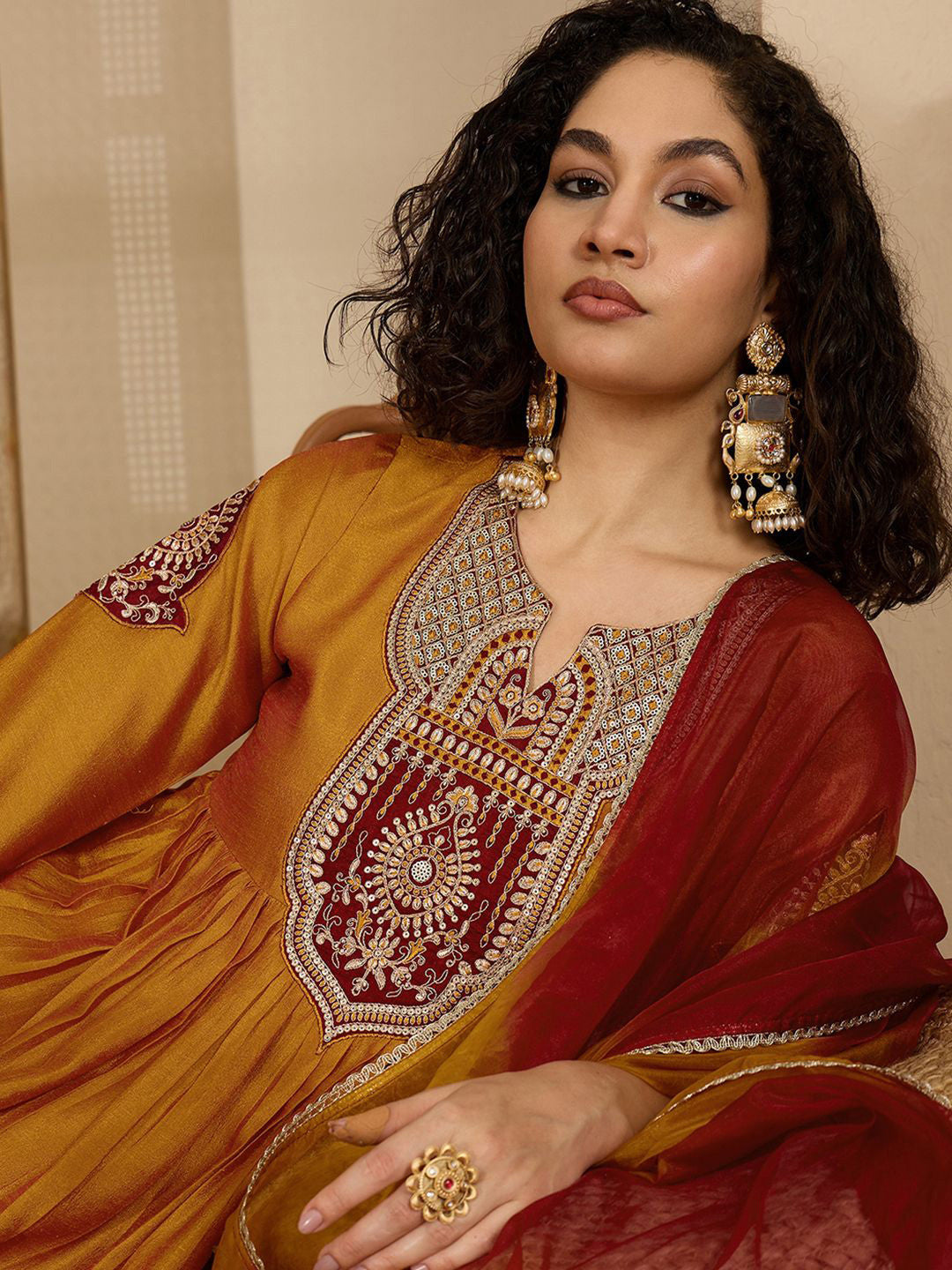 Zari Sequence Thread Embroidered A-Line Kurta With Trouser & Dupatta