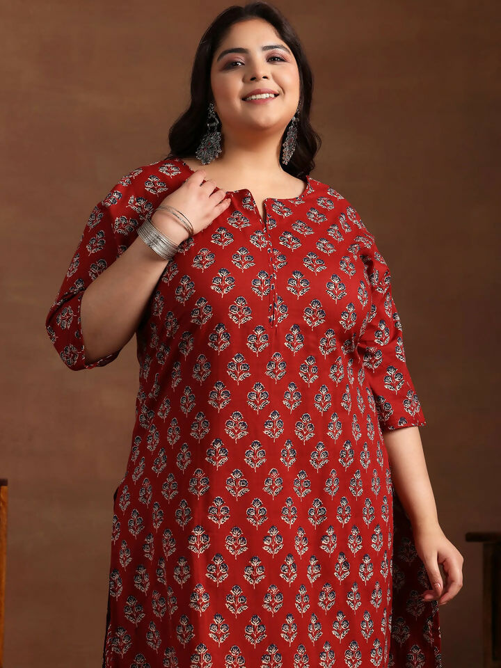 Women's LB Plus Size Rust Printed Cotton Straight Suit With Dupatta