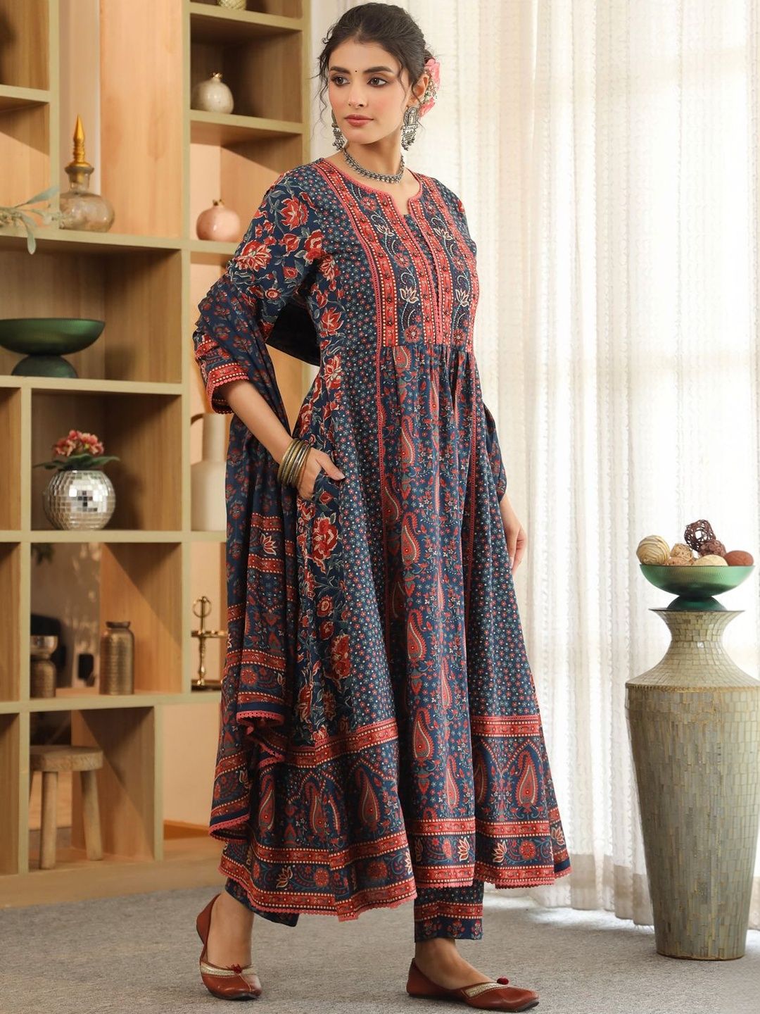 Dhiyona RR Women's Ethnic Motifs Printed Pleated Pure Cotton Kurta with Trousers & With Dupatta