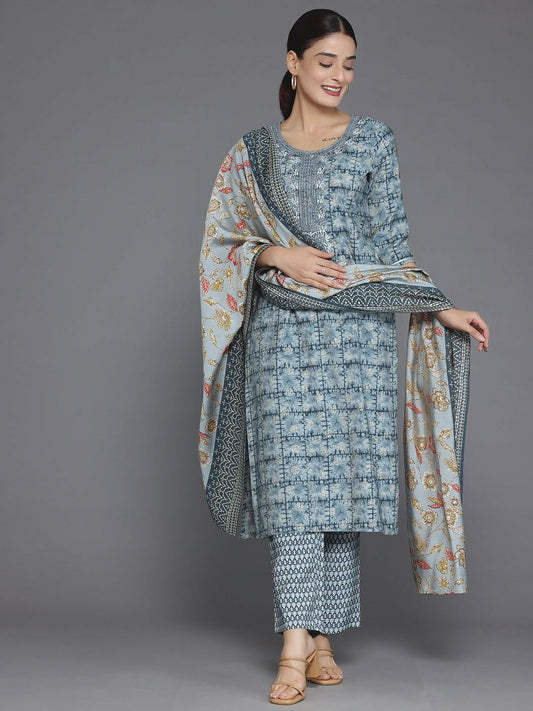 Women's LB Grey Printed Silk Blend Straight Suit With Dupatta