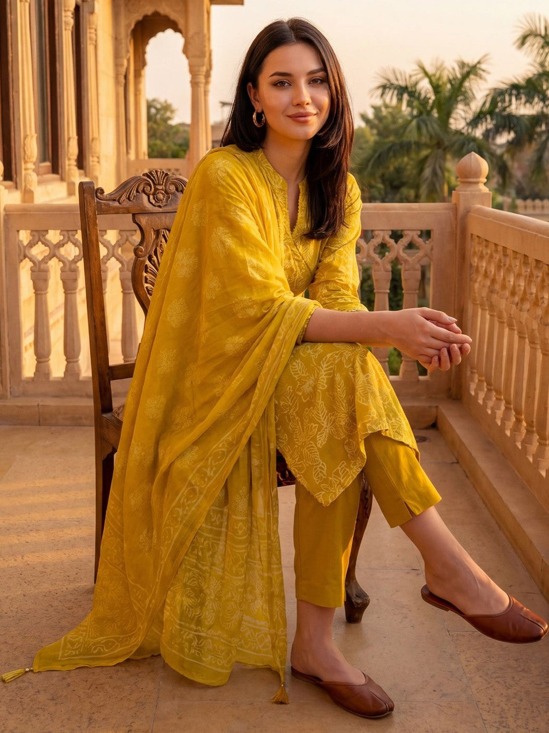 Women Ethnic Motifs Printed Angrakha Pure Cotton Kurta with Trousers & With Dupatta