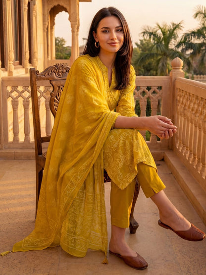 Women Ethnic Motifs Printed Angrakha Pure Cotton Kurta with Trousers & With Dupatta