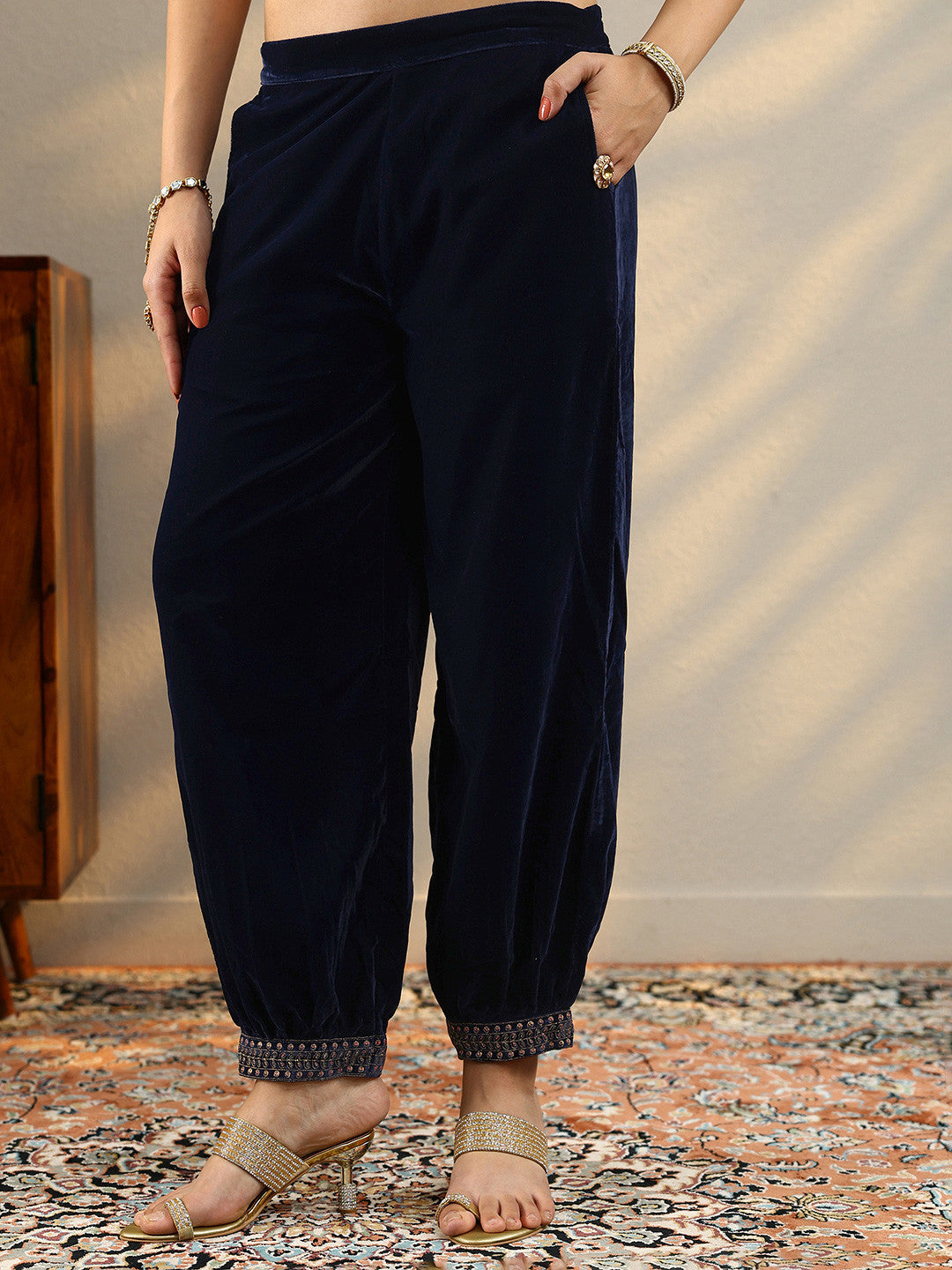 Navy Blue Floral Embroidered Thread Work Velvet Kurta with Salwar & Dupatta