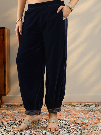 Navy Blue Floral Embroidered Thread Work Velvet Kurta with Salwar & Dupatta