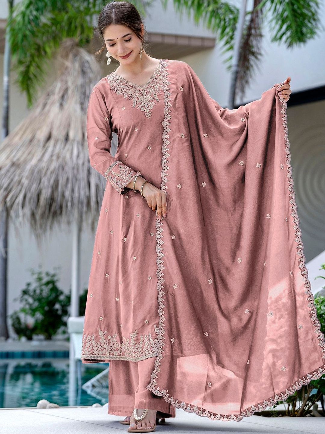 Dhiyona KL Women Ethnic Motifs Embroidered Regular Thread Work Kurta with Palazzos & With Dupatta