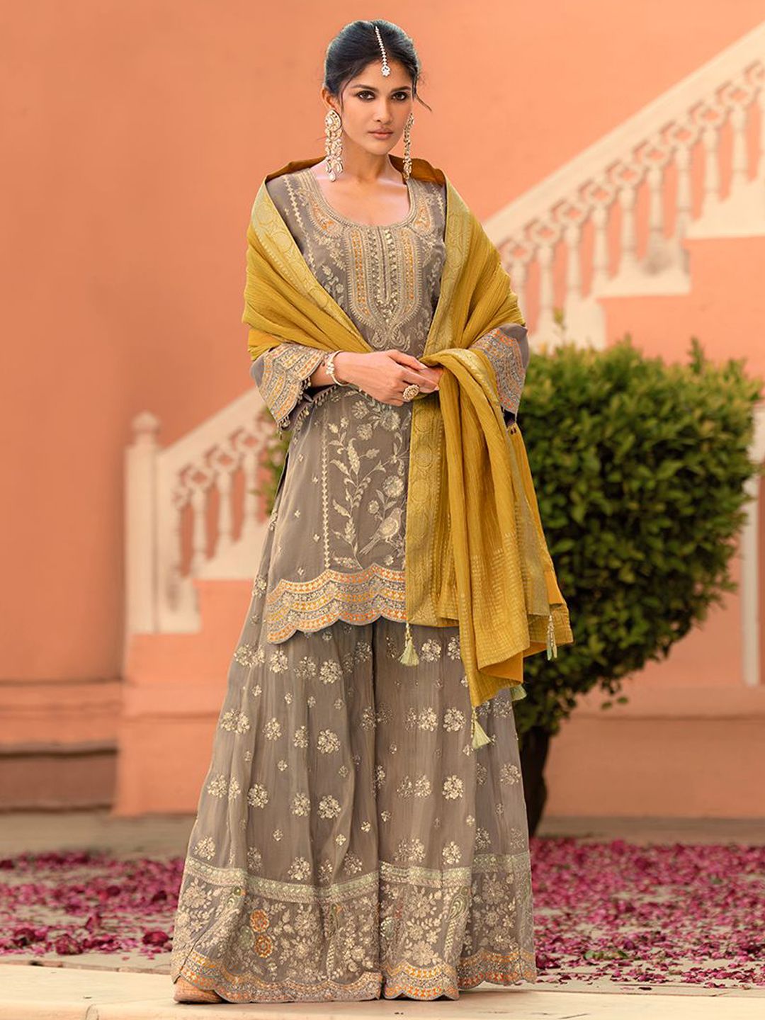 Dhiyona HOP Women Floral Embroidered A-Line Kurta with Sharara & Dupatta