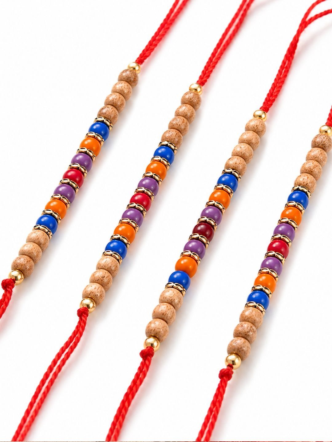 Dhiyona Set Of 4 Multicolor Circular Beads Studded Thread Rakhi With Roli Chawal Chandan
