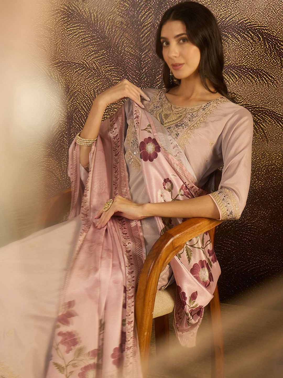 Embroidered Round Neck Straight Kurta & Trousers With Dupatta