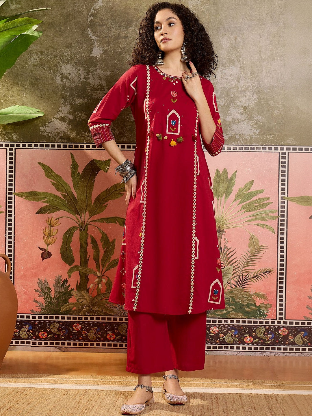 Printed Pure Cotton Round Neck Kurta & Trousers With Dupatta