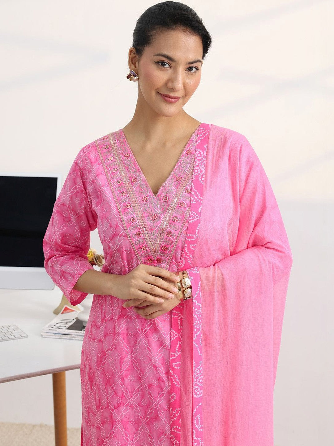 Libas Pink Bandhani Print Straight Suit Set with Dupatta