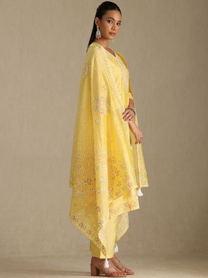 Dhiyona SO Women's Floral Embroidered V-Neck Chanderi Cotton Straight Kurta With Palazzos & Dupatta