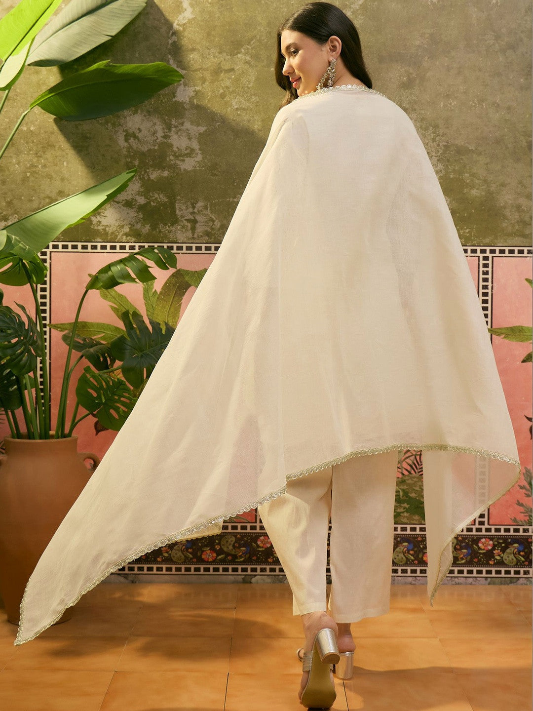 Embroidered Pure Cotton V-Neck Kurta & Trousers With Dupatta