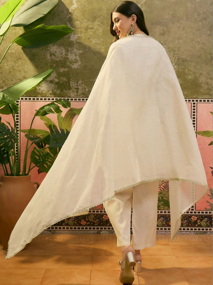 Embroidered Pure Cotton V-Neck Kurta & Trousers With Dupatta