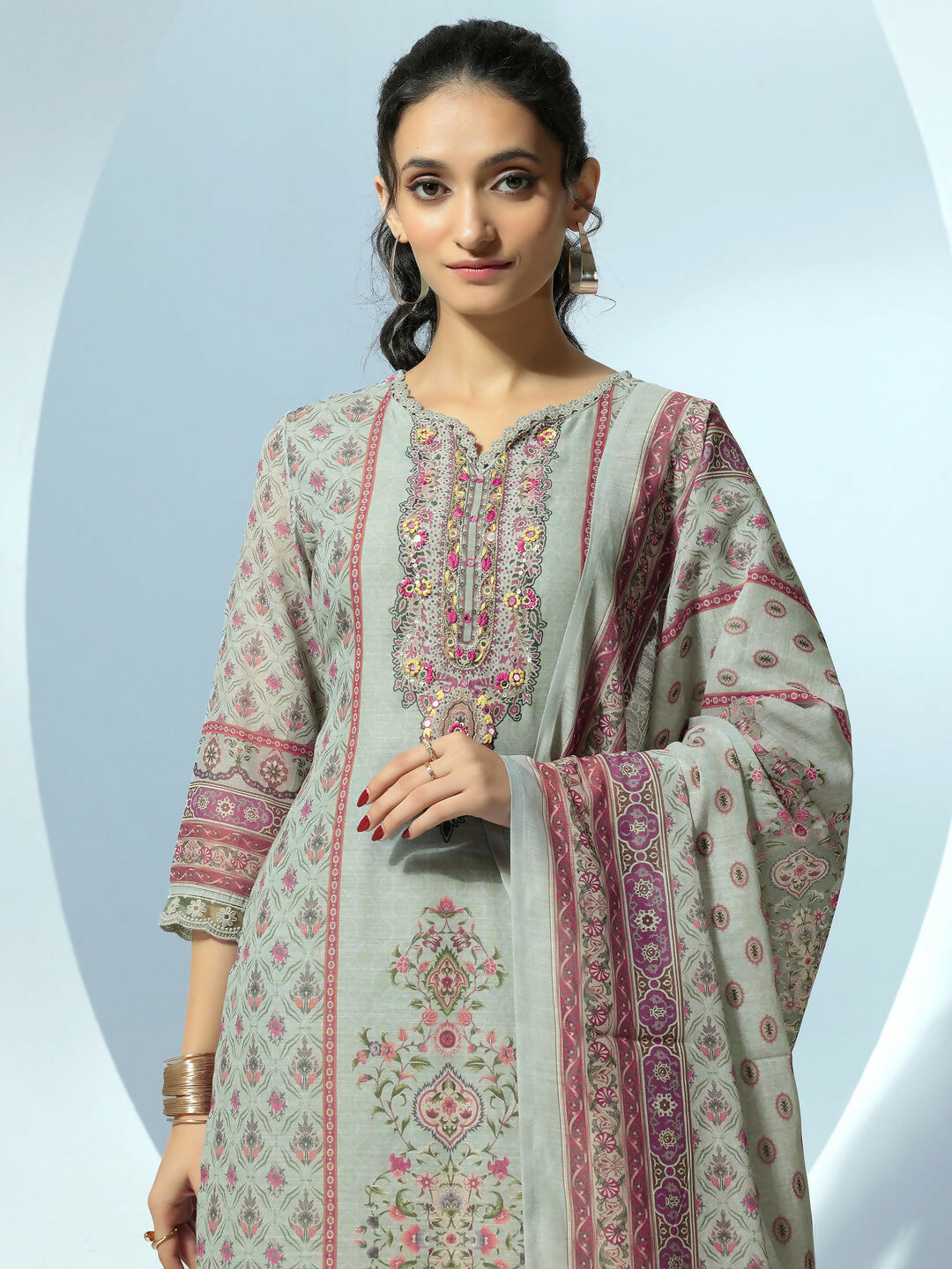 Women's LB Grey Printed Linen Straight Suit With Dupatta