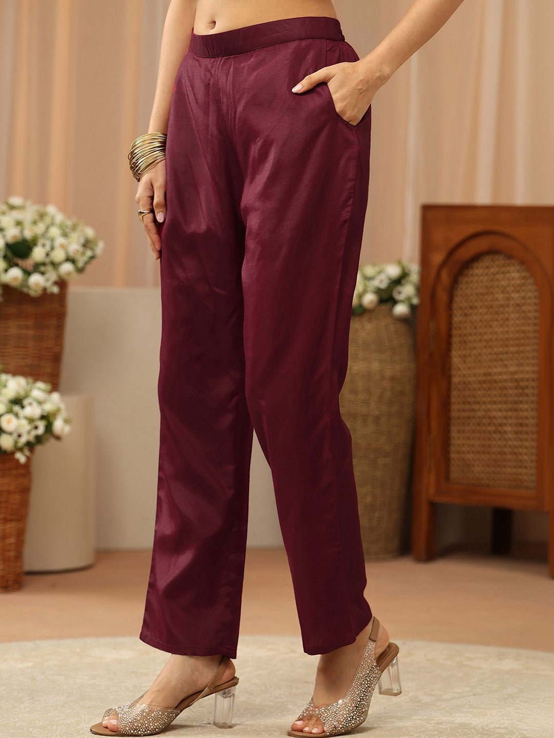 Libas Maroon Yoke Design Tissue Straight Suit Set