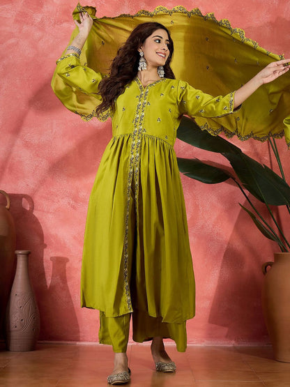 Dhiyona SN Women Sequin Embroidered Anarkali Kurta & Palazzo With Dupatta