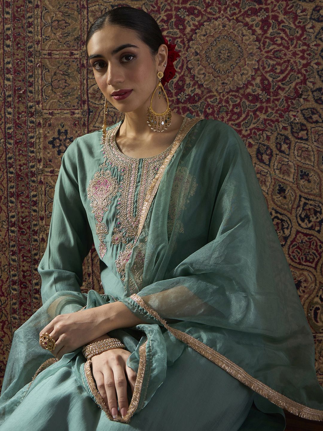 Dhiyona IE Ethnic Motifs Embroidered Regular Thread Work Kurta With Trousers & Dupatta
