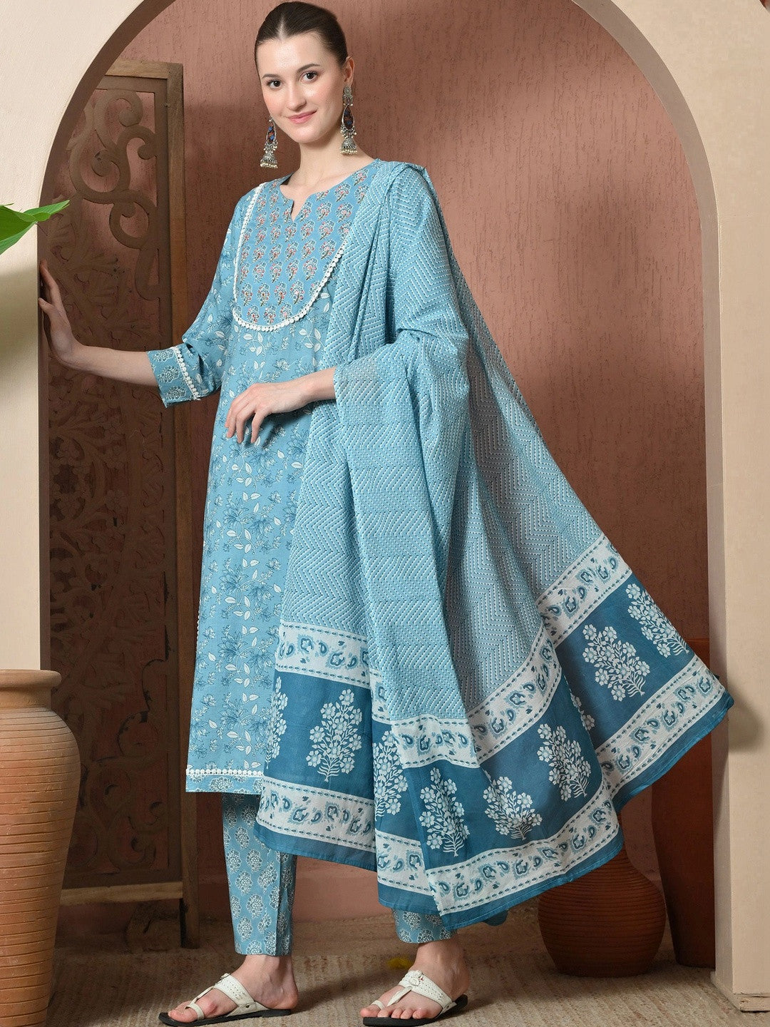 Women Floral Printed Regular Pure Cotton Kurta with Trousers & With Dupatta